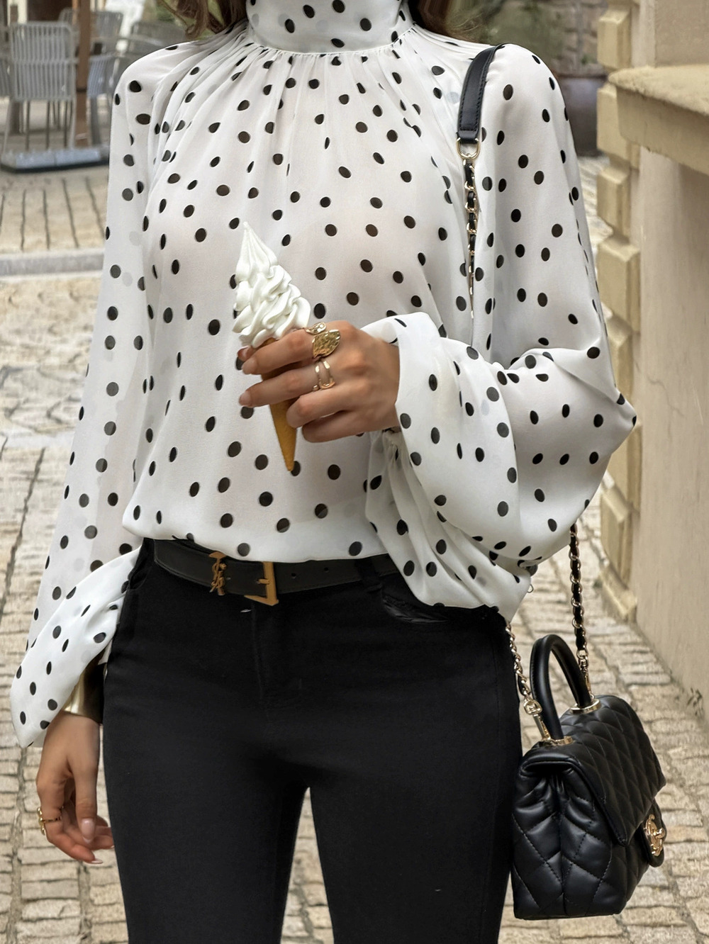 Zara Summer Polka Dot Stand Collar Puff Sleeve Blouse